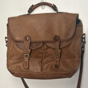 Mulholland Brothers Messenger Bag Vintage Angler Leather Briefcase Brown W/Strap